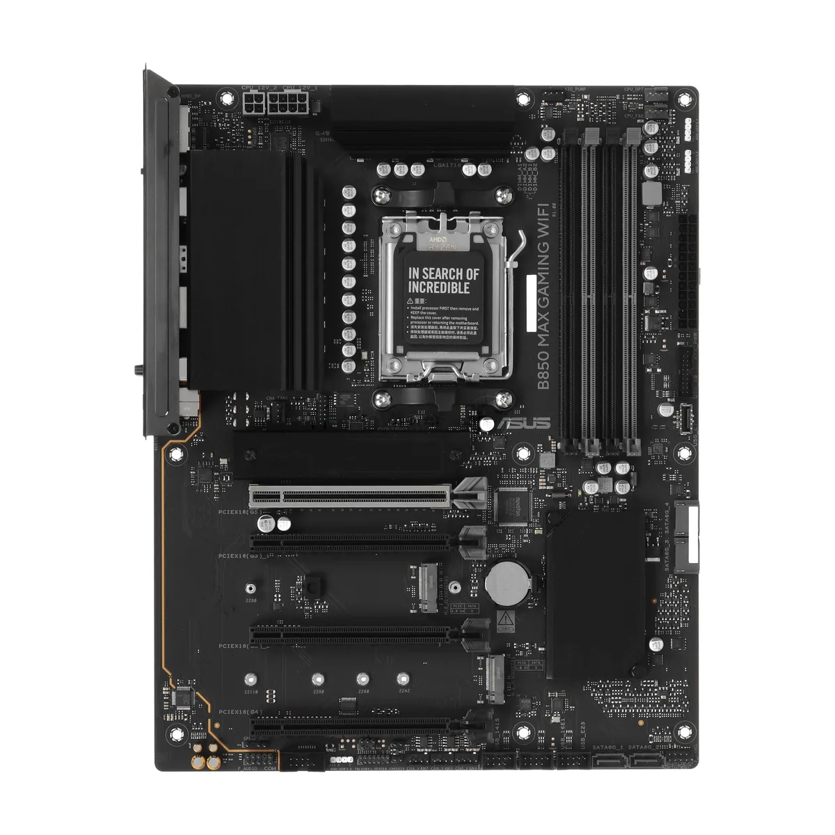 Материнская плата ASUS B850 MAX GAMING WIFI, AM5, AMD B850, 4xDDR5, 4xSATA, 3xM.2, 1xPCIe 5.0 x16, 1xPCIe 4.0 x16, 2xPCIe 3.0 x16, 1xHDMI, 1xDisplayPort, 1x 2.5Gb LAN, 4xUSB 3.2 Gen2, 2xUSB 3.2 Gen1, 2xUSB 2.0, 3x3.5 мм, 7.1, ATX