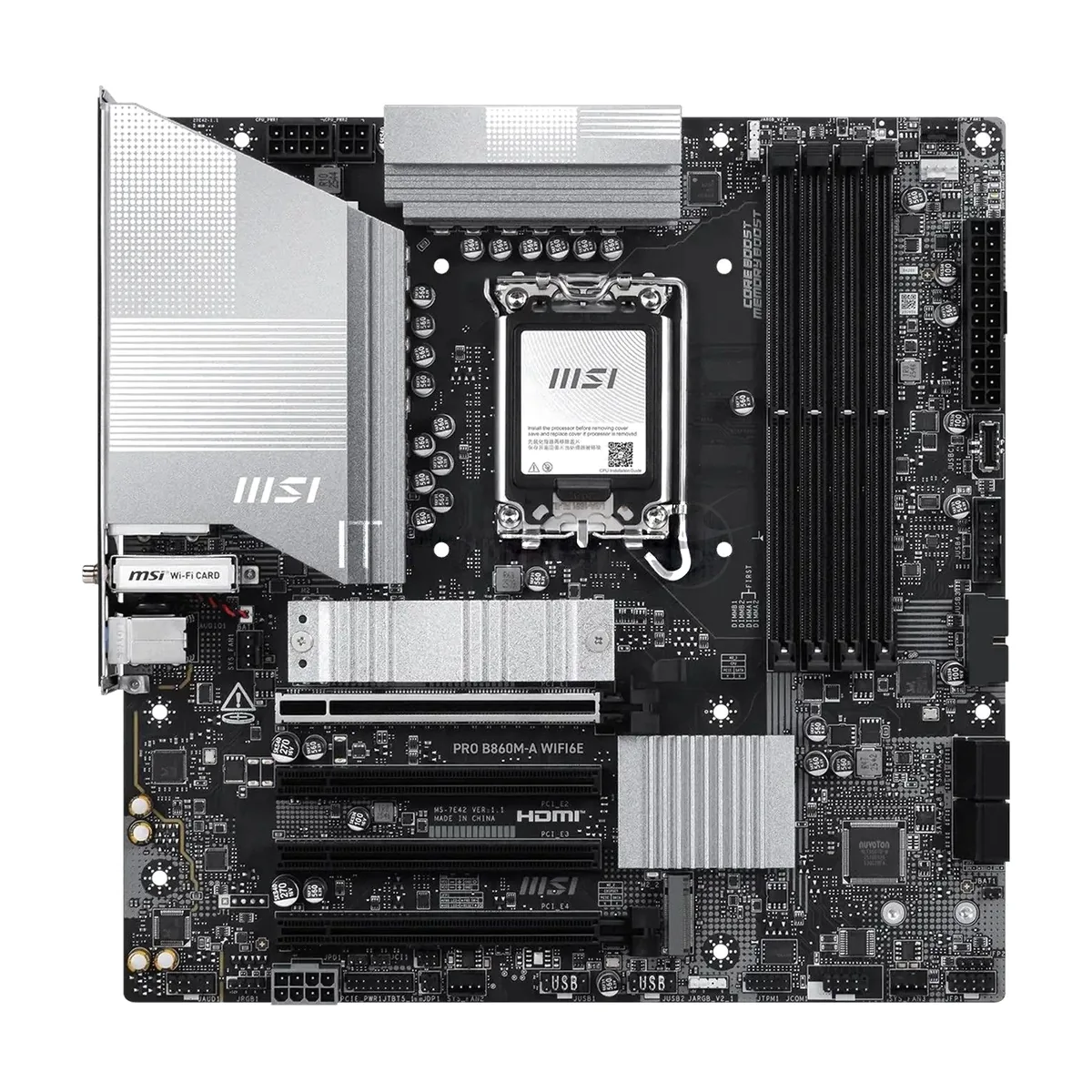 Материнская плата MSI PRO B860M-A WIFI6E, LGA1851, Intel B860, 4xDDR5, 4xSATA, 3xM.2 PCIe, 4xPCIe x16 (1x5.0 x16, 3x4.0), 1xHDMI, 1xDisplayPort, 1x 5Gb LAN, 6xUSB (2xUSB 2.0, 2xUSB 5Gbps Type-A, 1xUSB 5Gbps Type-C, 1xUSB 10Gbps Type-A), 3x3.5 мм, 7.1, mATX