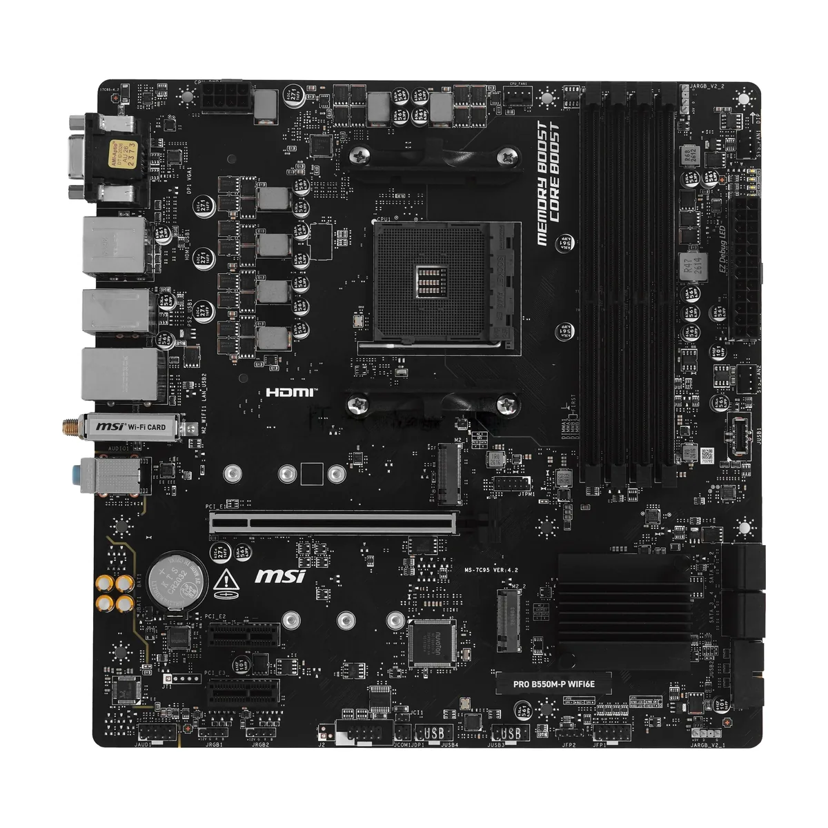 Материнская плата MSI PRO B550M-P WIFI6E, AM4, AMD B550, 4xDDR4, 4xSATA, 2xM.2, 1xPCIe 4.0 x16, 2xPCIe 3.0 x1, 1xVGA, 1xHDMI, 1xDisplayPort, 1x 1Gb LAN, 2xUSB 2.0, 4xUSB 3.2 Gen1, 5x3.5 мм, 7.1, microATX