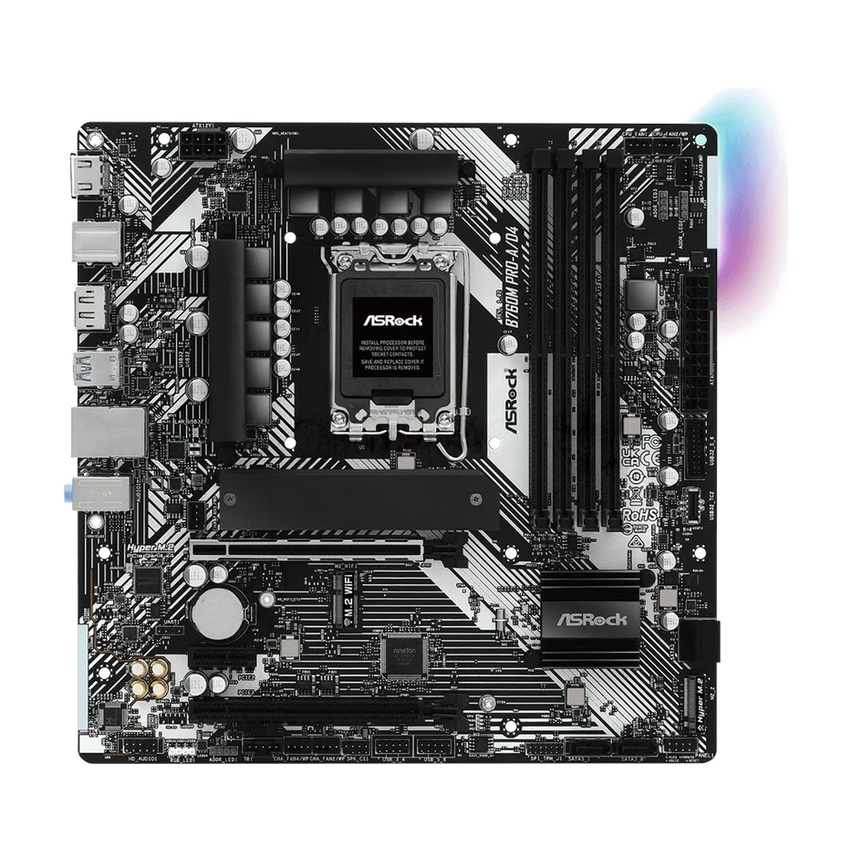 Материнская плата ASRock B760M Pro-A/D4, LGA1700, Intel B760, 4xDDR4, 4xSATA 6Gb/s, 2xM.2, 1xPCIe 4.0 x1, 2xPCIe 4.0 x16, 1xHDMI, 1xDisplayPort, 1x2.5Gb LAN, 1xUSB 3.2 Gen1 Type-C, 3xUSB 3.2 Gen1 Type-A, 2xUSB 2.0, 3x3.5 мм, 7.1, microATX
