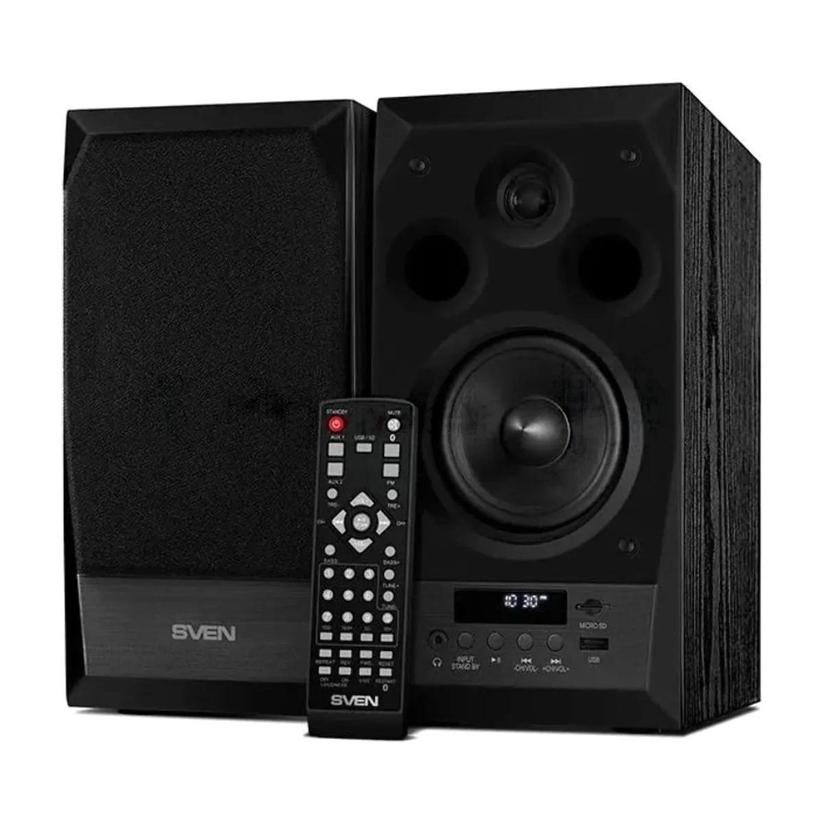 Акустическая система 2.0 SVEN MC-10, чёрный, мощность 2x25Вт (RMS), FM-тюнер, USB/microSD, дисплей, пульт ДУ, Bluetooth SVEN MC-10, чёрный, акустическая система 2.0, мощность 2x25Вт (RMS), FM-тюнер, USB/microSD, дисплей, пульт ДУ, Bluetooth