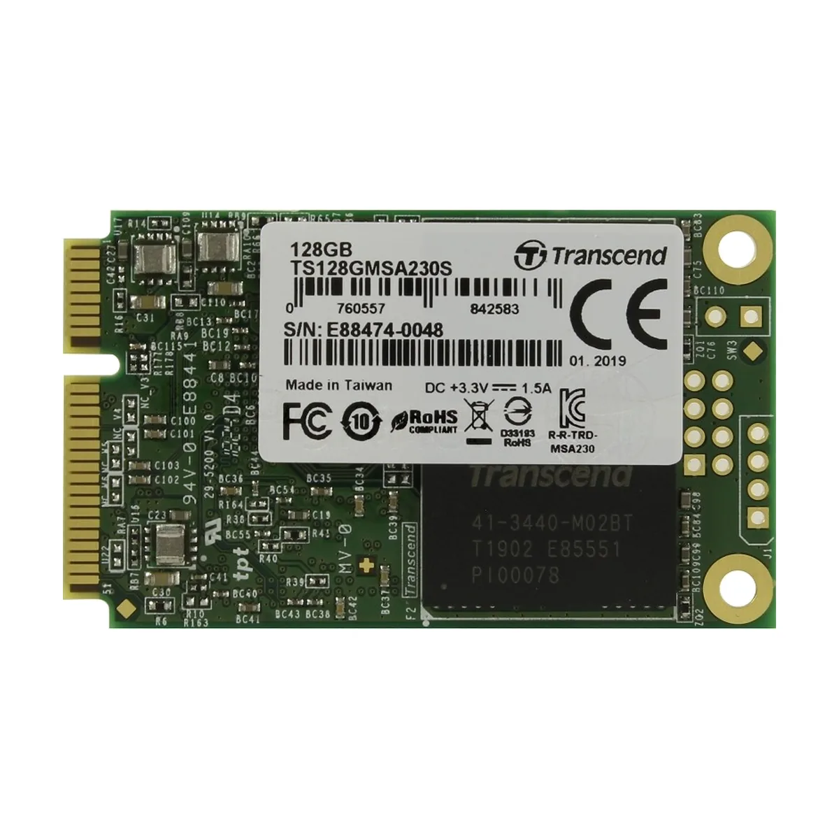 Накопитель SSD mSATA Transcend 128Gb MSA230S <TS128GMSA230S> (SATA3, up to 550/400Mbs, 3D TLC)